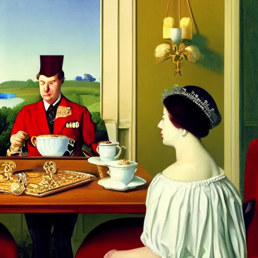 Image similar to the queen of england having tea and bisquits by Raphael, Hopper, and Rene Magritte. detailed, romantic, enchanting, trending on artstation.