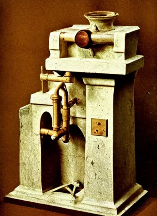 Image similar to ultra very realistic photo of a a medieval temple chemistry appliance pump, made of wood white clay 1 9 9 0, life magazine photo, natural colors, museum collection, kodak