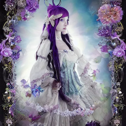 Prompt: Ethereal, mysterious stunning maximalist mesmerizing elven girl with elf ears from the rainbow sky paradise, high-tech, professional high fashion model photo shoot for Victorian gothic lolita fashion, hyperdetailed by Mark Ryden, artgerm, Hiroyuki-Mitsume Takahashi, WLOP, Goto Fujita, 奈良美智, Pixiv 3DCG, DAZ Studio, close-up 35mm macro shot, hyperrealism, 8k resolution 3D, cinematic, dynamic lighting, octane render, unreal engine 5