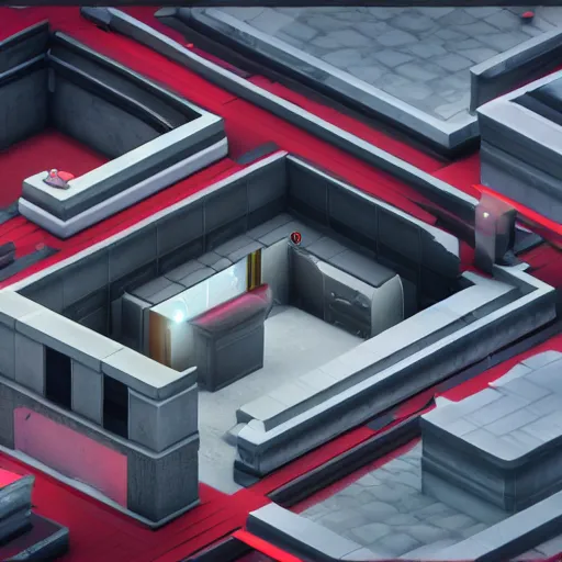 Image similar to isometric action game, mirror's edge, highly detailed, octane render, unreal engine, volumetric lighting