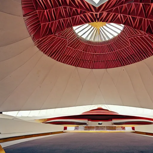 Image similar to interior of a futuristic lotus temple space station with gold, red and white marble panels, by buckminster fuller and syd mead, intricate contemporary architecture, photo journalism, photography, cinematic, national geographic photoshoot