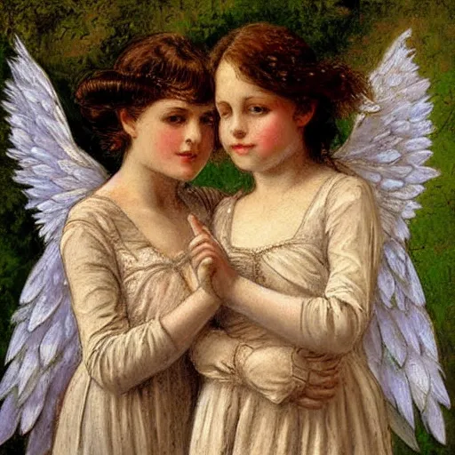 Prompt: 2 angels hugging, victorian painting