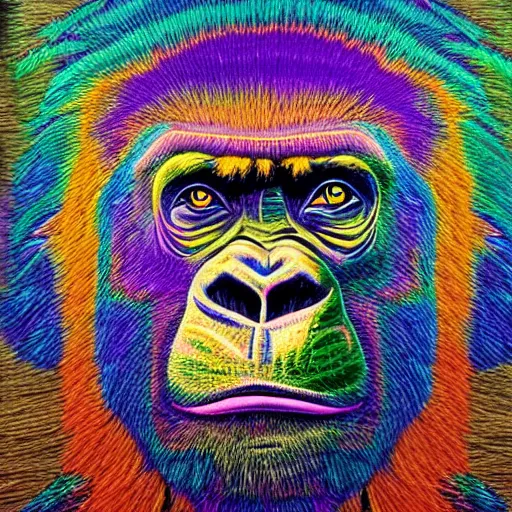 Image similar to hyper realis. portrait, embroidery, gorilla face made out of multi-coloured yarn, psychedelic,