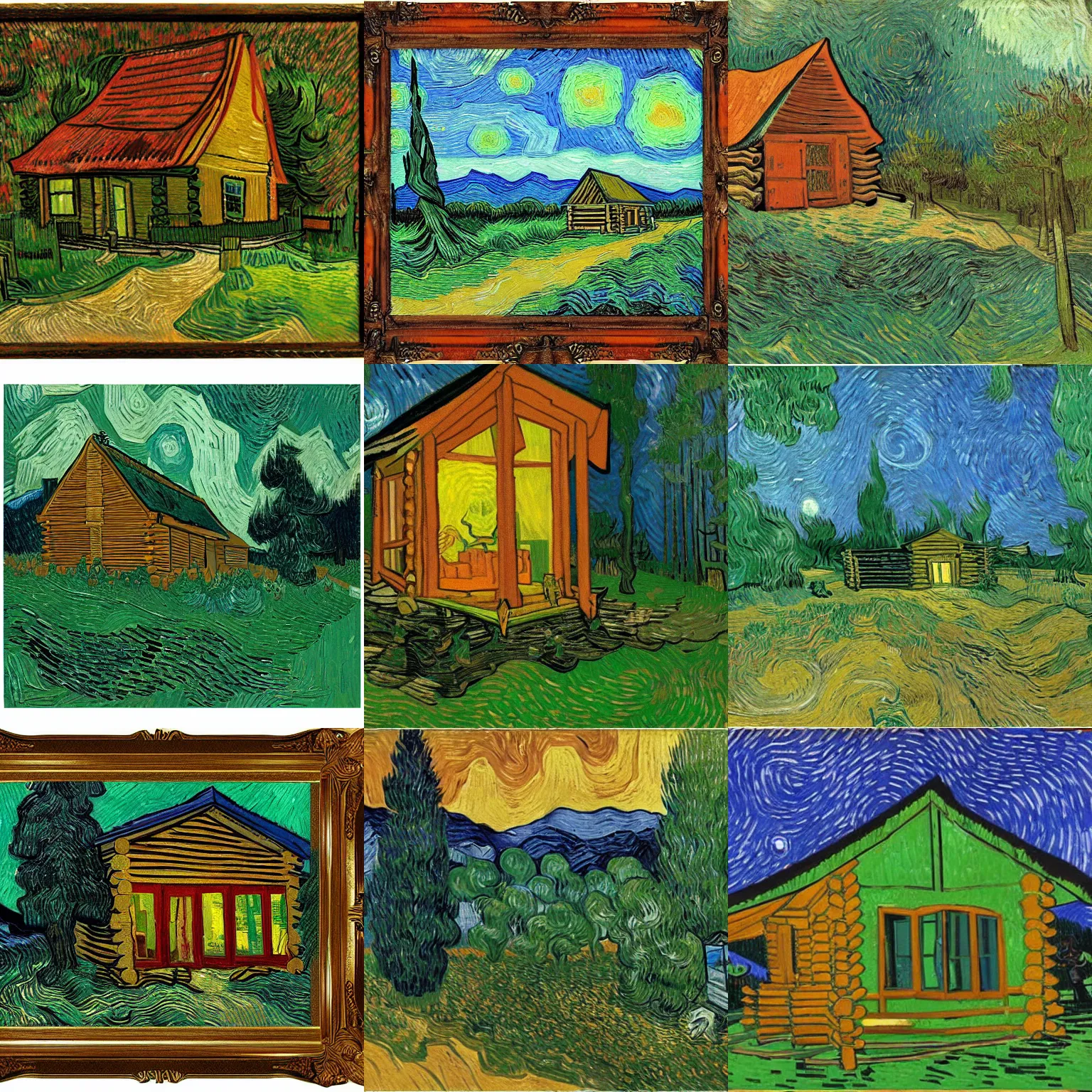 Prompt: [ a log cabin in the forest ] [ van gogh ] [ zombie ]