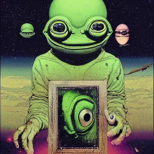 Prompt: ufo abducting pepe the frog in the air, cinematic horror by chris cunningham, richard corben, norman rockwell, highly detailed, vivid color, beksinski painting, part by adrian ghenie and gerhard richter. art by takato yamamoto. masterpiece