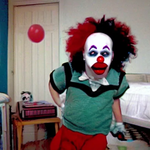 Image similar to hidden camera footage of terrifying clown in a bedroom