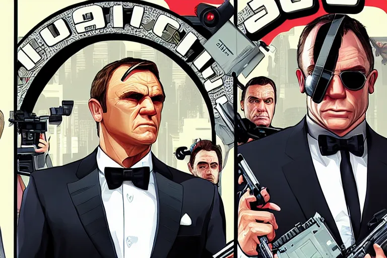 Image similar to GTA V cover art based on James Bond, starring 007 James Bond