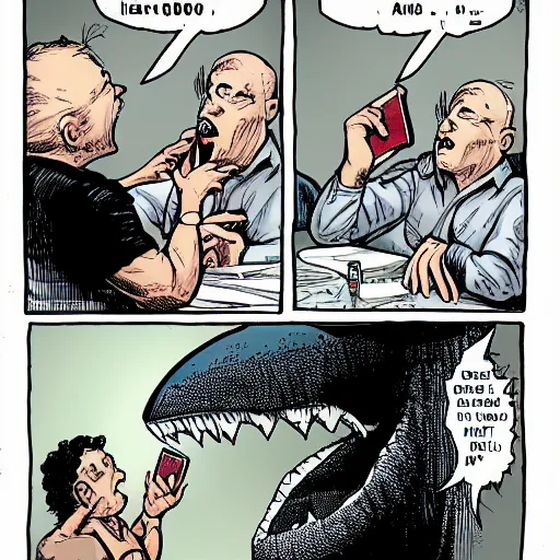 Image similar to portrait of a megalodon talking on the phone, comic book style.