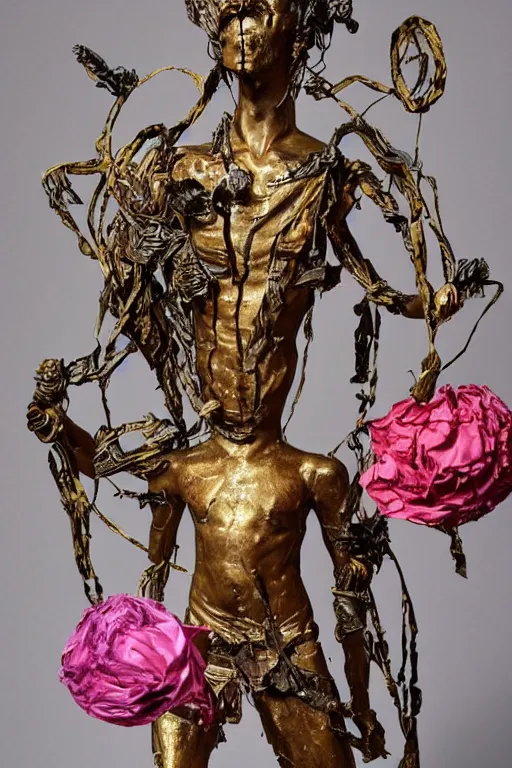 Image similar to a papercraft scene made entirely of pipecleaners and crumpled foil of Jean-Michel Basquiat as a full-body bronze baroque statue of Icarus in the posing like a bird for flight, crown of peach roses, flowing pink-colored silk, fabric, flowers. baroque elements, human skull. full-length view. baroque element. intricate artwork by caravaggio. many many birds birds on background. Trending on artstation, octane render, cinematic lighting from the right, hyper realism, octane render, 8k, depth of field, 3D