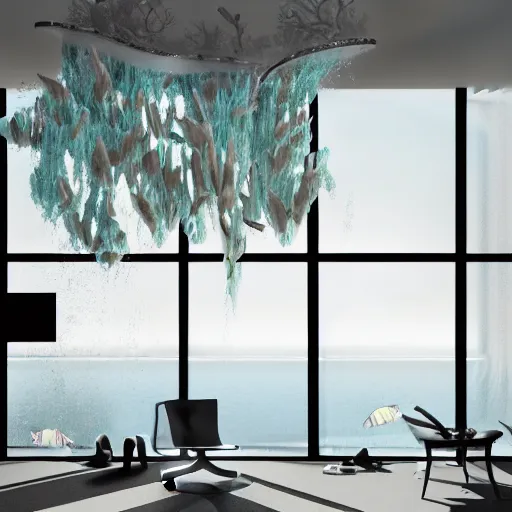 Image similar to photo of the modern fashionable room as aquarium with a chandelier as a big jellyfish, beautiful corals on the walls and dangerous sharks on the big panoramic window, realism, sharp details, cinematic, a lot of gleans, under the ocean, realistic colors, realistic shadows, daylight made in blender and cinema 4 d, hd, 3 d by beeple and by greg rutkowski