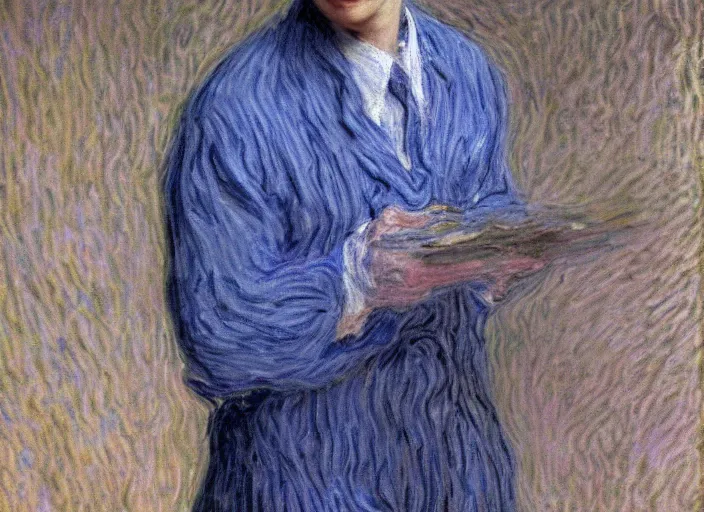 Prompt: Filthy Frank wearing blue dirty spaghetti stained dress shirt, rule of thirds, accurately portrayed, portrait art by Claude Monet, highly detailed, digital painting, concept art, illustration, imperial Japanese flag background, trending on artstation, very detailed, smooth, sharp focus, octane render, close up