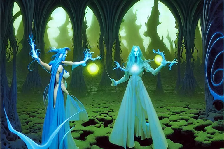 Image similar to the female arcanist and the male artificer by michael whelan and roger dean and brom and hubert robert and greg staples and donato giancola, beautiful, flowing magical robe, highly detailed, hyperrealistic, intricate, energy, electric, blue flame, low light, green crystal, high contrast, old and young, lifelike