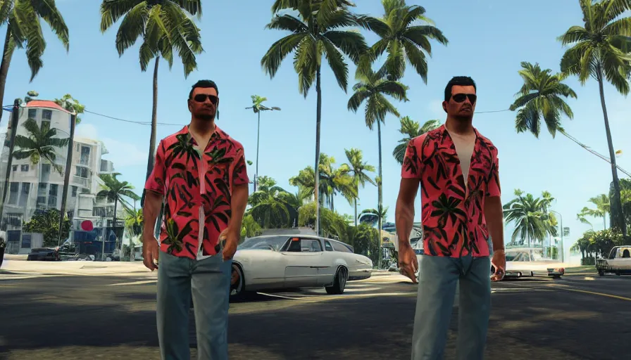 Image similar to in the streets of miami in the style of gtav, full - frame of tommy vercetti, wearing a hawaiian - shirt, as a character from gtav, looking at camera