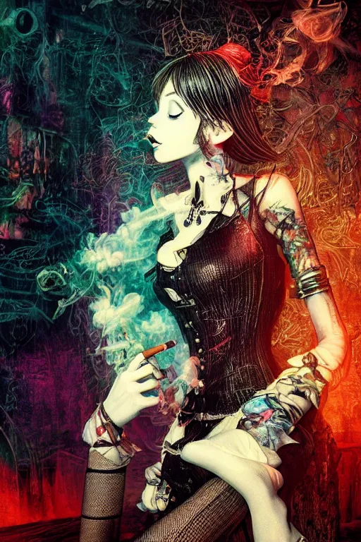 Image similar to Gothic girl smoking a cigarette, 60s kitsch and psychedelia, dark background. digital art. amazing quality. perfect lighting. Professional design. Great composition. by Ayami Kojima and Tomoyuki Yamasaki and Tsutomu Nihei, octane render, award winning art. impressive colors. trending on artstation. James Ensor style