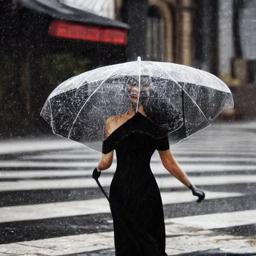 Image similar to morticia addams holding a parasol during a [ humid, rainy day ] as she saunters across the city, closeup!!!, trending on artstation, 4 k photorealism, unsplash, shot by jimmy nelson