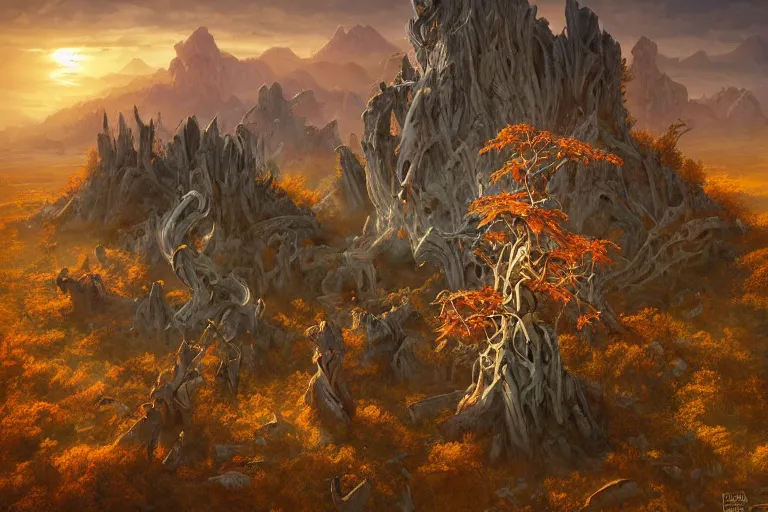 Image similar to high aerial shot, cinematic fantasy painting, dungeons and dragons, desert valley of bones with autumn maple bonsai, with sunset lighting ominous shadows by jessica rossier and brian froud