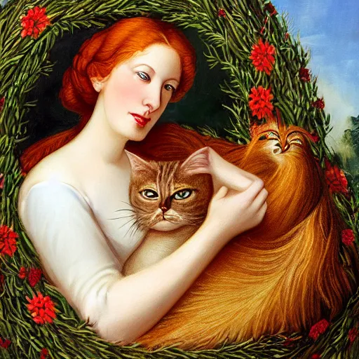 Prompt: detailed but whimsical painting of a beautiful fair skinned redheaded woman embracing a man with brown hair and a long bushy brown beard and glasses, surrounded by a wreath of wicker and leaves, chickens and cats