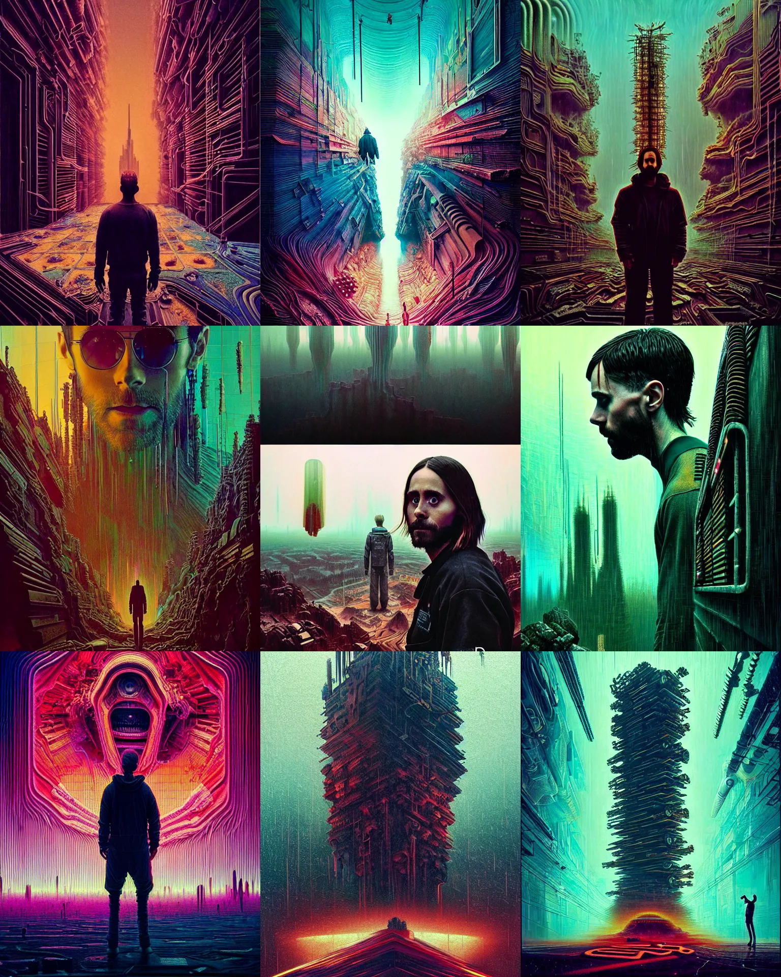 Prompt: the platonic ideal of jared leto as niander wallace, blade runner 2 0 4 9 and god complex mandelbulb davinci, ego death, detailed, intricate, hyperrealism, intense, scary, decay, art by denis villeneuve and simon stalenhag