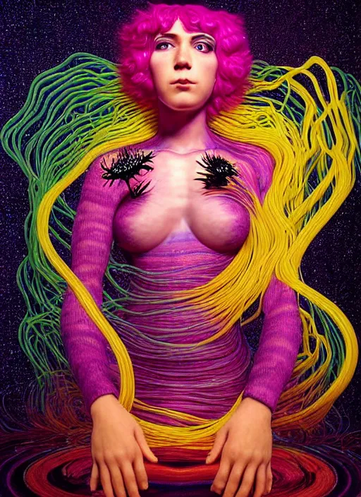 Image similar to hyper detailed 3d render like a Oil painting - Ramona Flowers with wavy black hair wearing thick mascara seen out Eating of the Strangling Strangling network of colorful yellowcake and aerochrome and milky and Her staring intensely delicate Hands hold of gossamer polyp blossoms bring iridescent fungal flowers whose spores black the foolish stars by Jacek Yerka, Mariusz Lewandowski, silly playful fun face, Houdini algorithmic generative render, Abstract brush strokes, Masterpiece, Edward Hopper and James Gilleard, Zdzislaw Beksinski, Mark Ryden, Wolfgang Lettl, Dan Hiller, hints of Yayoi Kasuma, octane render, 8k