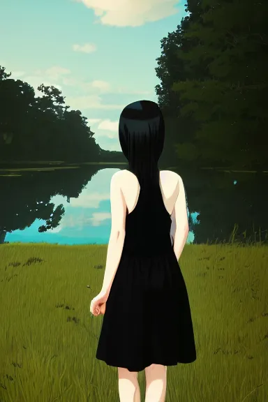 Prompt: mysterious little girl with her long black hair dressed in a simple white dress in lake, anime art style, digital artwork made by ilya kuvshinov, inspired in balthus, hd, 4 k, hyper detailed, side view