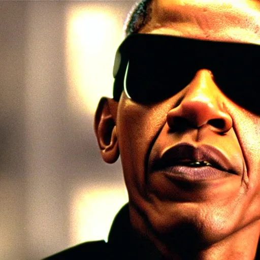 Image similar to a film still of Obama starring in The Matrix (1999), close up, portrait, shallow depth of field