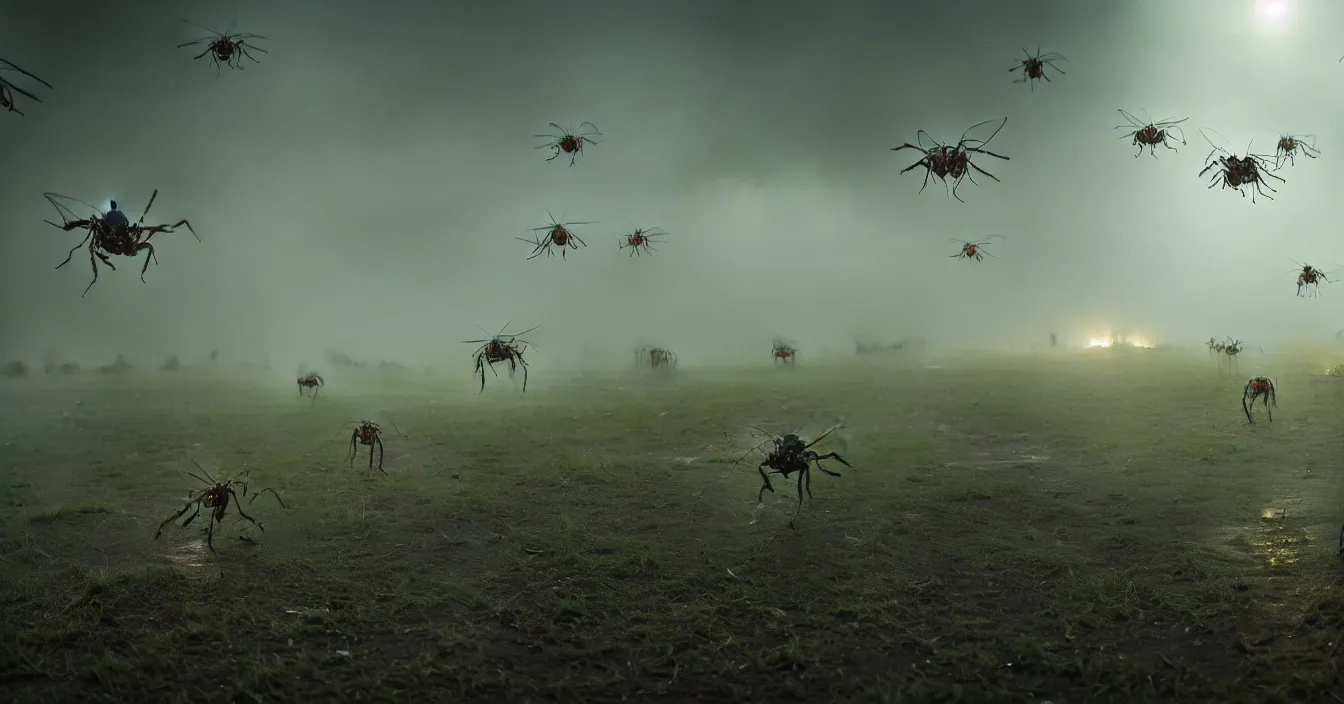 Image similar to realistic photo of wide battleground landscape, with army of monstrous insects fighting hardly futuristic human army, night, heavy rain, reflections, raytracing, raymarching, scattering, subsurface, full of reflections, volumetric fog light, dark and dramatic composition, deep depth, defocus, rendered in vray, raytracing, raymarching