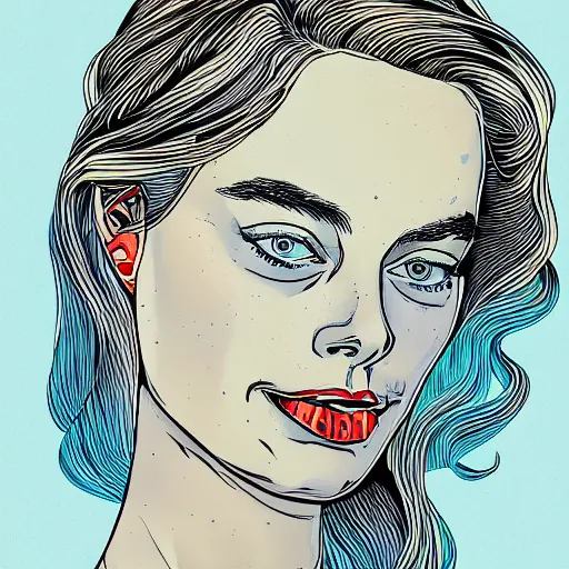 Prompt: detailed illustration of margot robbie in flat colour, by james jean, by yukio shimizu