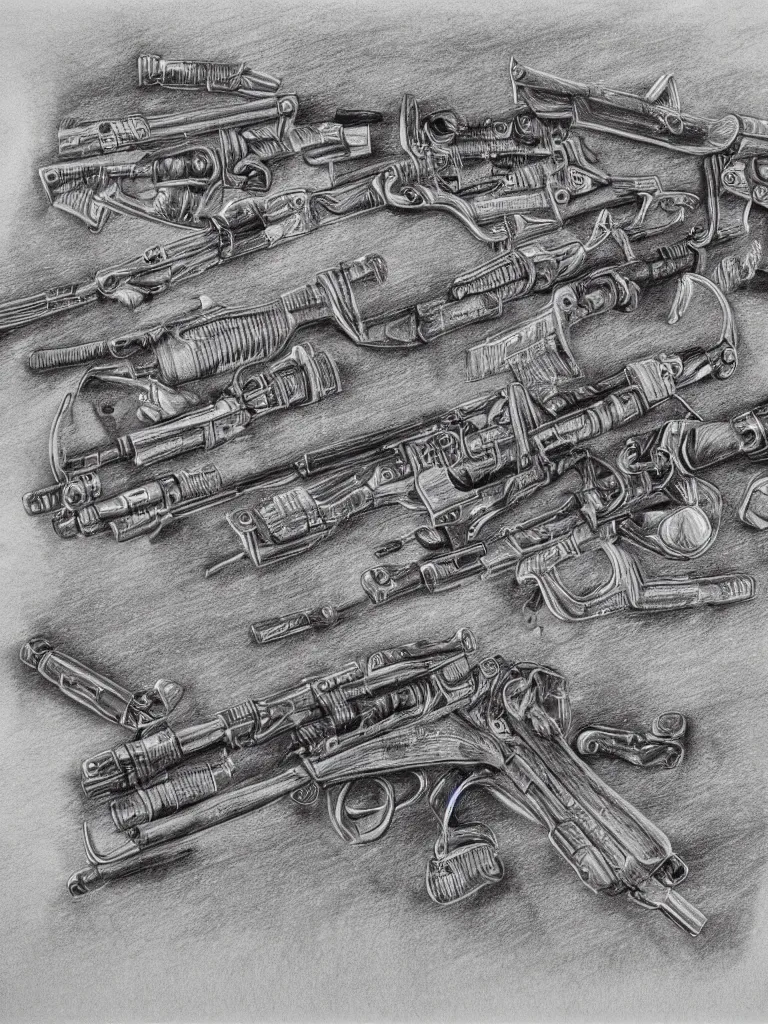 Image similar to detailed pencil etching of machine guns shotguns rifles revolvers bullets, drawing, ultrarealistic, intricate details, 4k