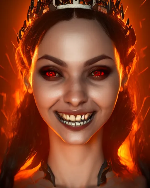 Prompt: headshot portrait, demon queen inside her hellish throne room, mischievous smile, detailed, realistic, studio lighting, unreal engine, cgsociety