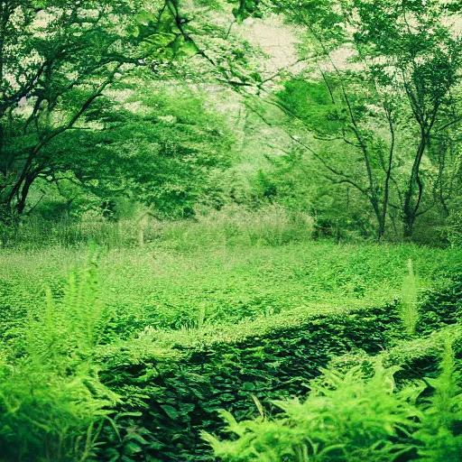 Image similar to a verdant overgrown space, shot on 70mm