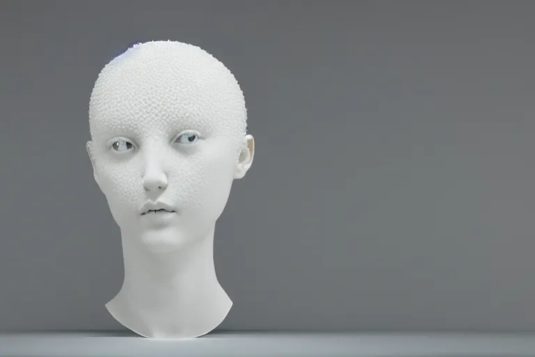 Image similar to full head and shoulders, beautiful female white, porcelain sculpture by daniel arsham and james jean, on a white background, delicate facial features, white eyes, white lashes, lots of 3 d perspex spheres attached to head with gold liquid flowing