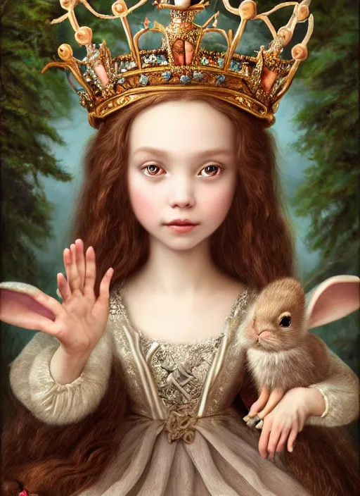 Image similar to highly detailed closeup portrait of a fairytale medieval princess wearing a crown and sitting on a throne, surrounded by cute bunnies, unreal engine, nicoletta ceccoli, mark ryden, earl norem, lostfish, global illumination, god rays, detailed and intricate environment