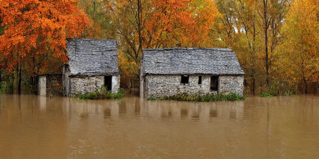 Prompt: abandoned village, autumn, flood, very detailed