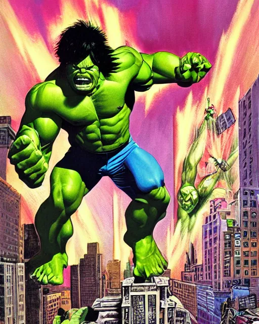 Image similar to a low angle perspective of the incredible hulk on a rampage in new york city by joe jusko. dramatic lighting. action and destruction.