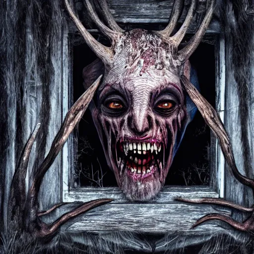 Prompt: a horrifying wendigo peering in from the outside of the window, photorealistic, 8 k, detailed, horror, photography, spooky