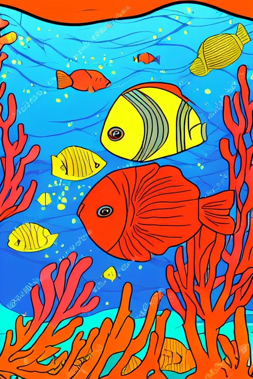 Image similar to a beautiful and colorful fish swimming through a coral in the ocean, cartoon style