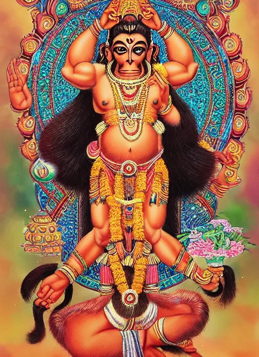 Image similar to a full body portrait of beautiful ornated hanuman!!!! god with flowing medium hair, soft facial features, kind appearence, digital art by krishen khanna and madhvi parekh, symmetrical body, artgerm, portrait, muted color scheme, highly detailed, outrun art style