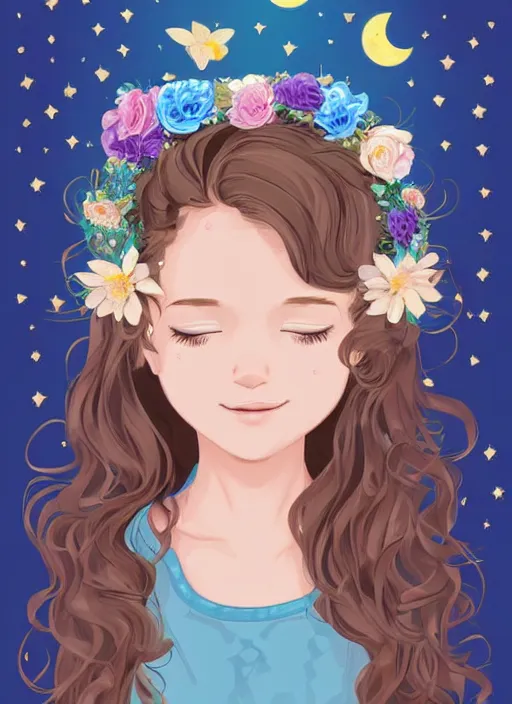 Image similar to a little girl with wavy curly light brown hair and blue eyes. she is wearing a flower crown and chasing fireflies. clean cel shaded vector art. shutterstock. behance hd by lois van baarle, artgerm, helen huang, by makoto shinkai and ilya kuvshinov, rossdraws, illustration, art by ilya kuvshinov