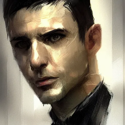 Image similar to portrait of a man by greg rutkowski, he is! about 3 0 years old, short black hair with bangs, his features are a mix between french, turkish and russian and he is wearing futuristic prosecutor suit, highly detailed portrait, digital painting, artstation, concept art, smooth, sharp foccus ilustration, artstation hq