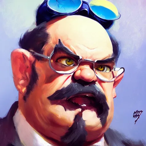 Prompt: greg manchess portrait painting of wario eggman, medium shot, asymmetrical, profile picture, organic painting, sunny day, matte painting, bold shapes, hard edges, street art, trending on artstation, by huang guangjian and gil elvgren and sachin teng