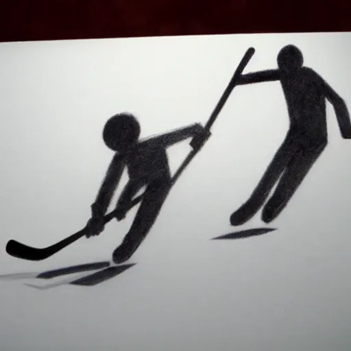 Prompt: pencil drawing of a stickman playing hockey with another stickman, detailed, shadows,