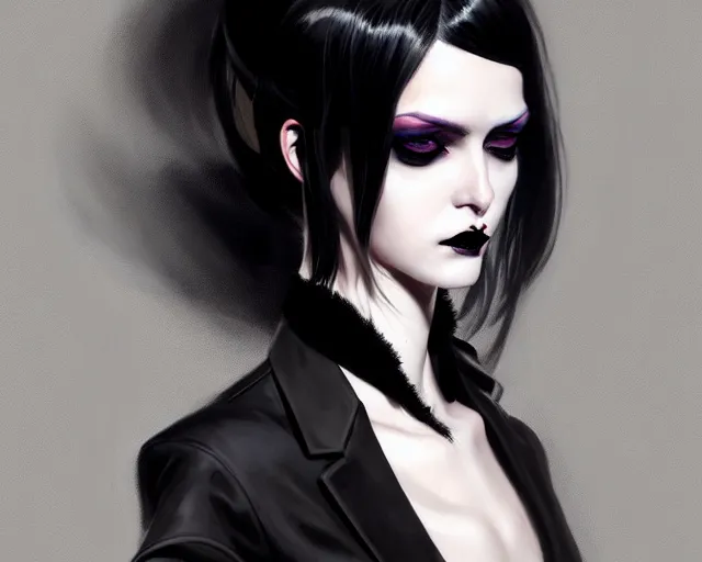 Prompt: a ultradetailed beautiful portrait panting of a stylish goth woman, wearing a shirt with a tie, dramatic, she has black hair, she is distressed, by hajime sorayama, greg rutkowski and enki bilal, trending on artstation