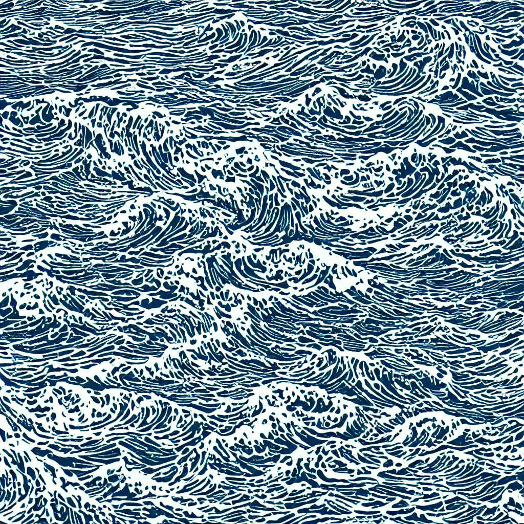 Image similar to optical illusion woodblock print, crashing waves stamp pattern