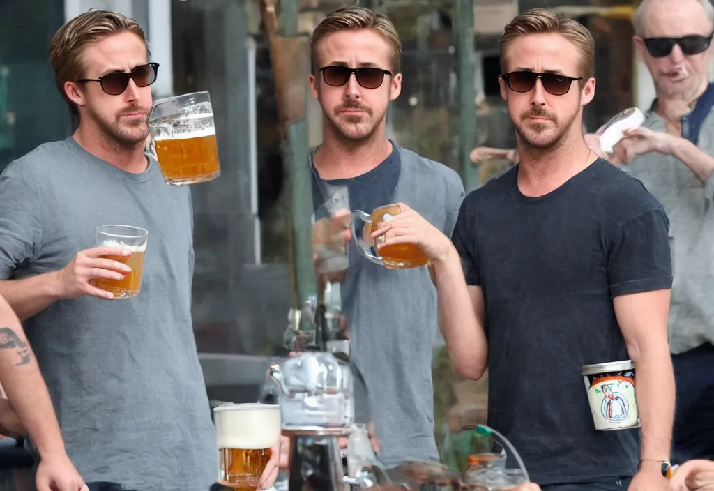 Image similar to Ryan Gosling drinks a huge mug of beer