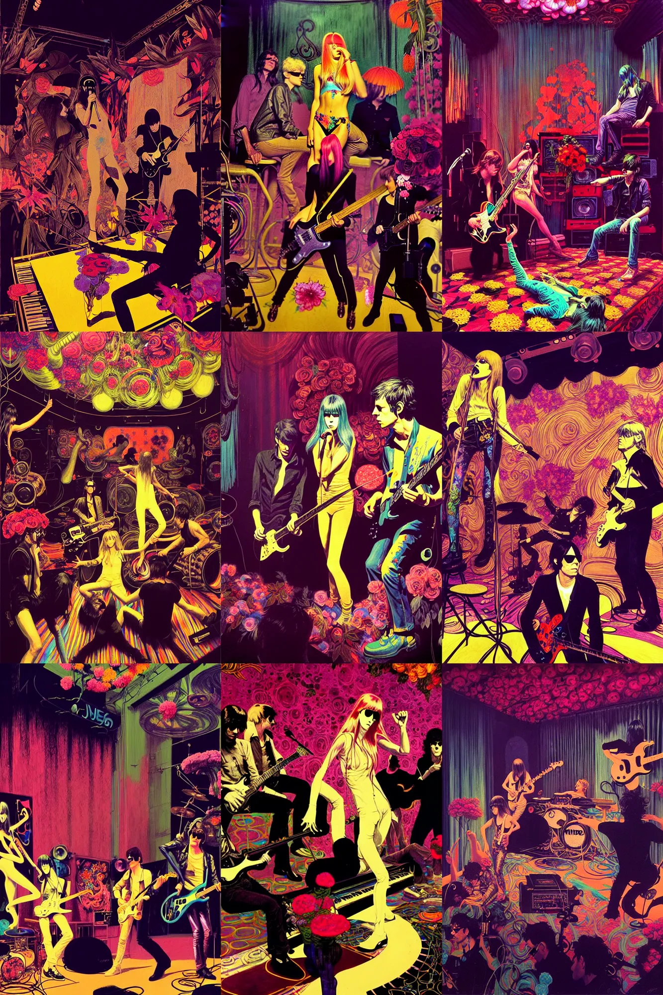 Image similar to the velvet underground and nico playing live on stage at a night club, beautiful stage decoration with flowers in the background, painting by james jean and syd mead and gaston bussiere, very detailed and colorful and toned down and ornamental and moody and cool and relaxed and high on drugs, trending on artstation, behance contest winner