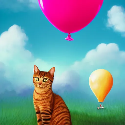 Prompt: a cat on top of a hill under a bunch of balloons, digital art by RHADS, shutterstock contest winner, digital art, behance hd, photoillustration, whimsical