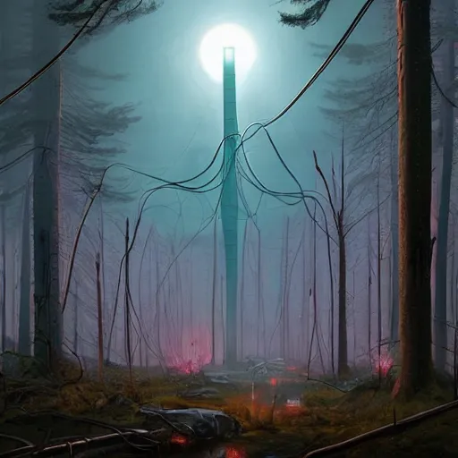 Prompt: giant eldritch horror, simon stalenhag, war of the worlds, forest