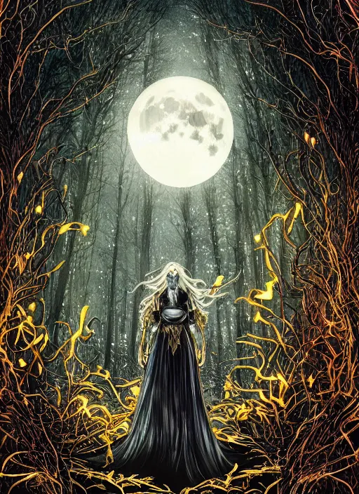 Prompt: glowing silver and golden elements, full close-up portrait, A beautiful dark witch in front of the full big moon, book cover, green forest, red white black colors, establishing shot, extremly high detail, foto realistic, cinematic lighting, pen and ink, intricate line drawings, by Yoshitaka Amano, Ruan Jia, Kentaro Miura, Artgerm, post processed, concept art, artstation, matte painting, style by eddie, raphael lacoste, alex ross