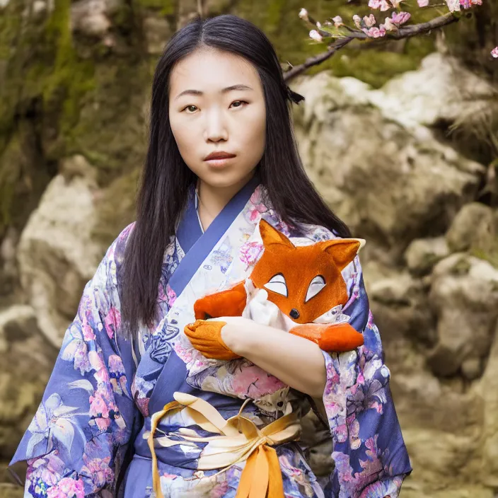 Prompt: portrait photograph of an extremely beautiful!!!! young Asian female , symmetric face!, symmetric round detailed eyes!!, slight smile, natural light, wearing a flower kimono!! with a very detailed fox!! behind her shoulder in front of a hot spring. looking at the camera!!. super resolution. Extremely detailed. Graflex camera!, bokeh!!!!! trending on artstation.
