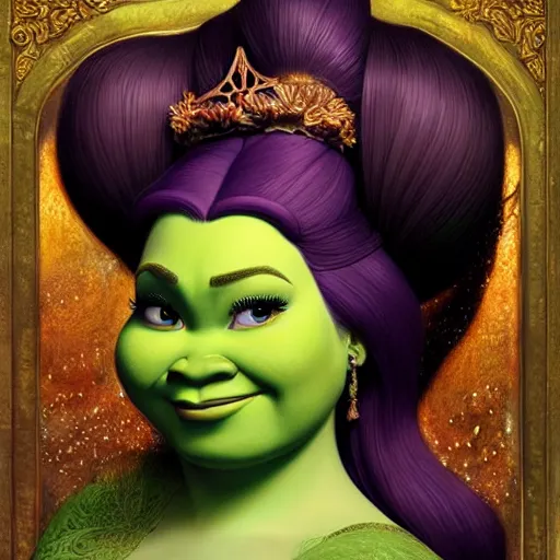 Prompt: a beautiful detailed front view portrait of princess fiona from shrek with ornate growing around, ornamentation, flowers, elegant, beautifully soft lit, by wayne barlowe, peter mohrbacher, kelly mckernan,